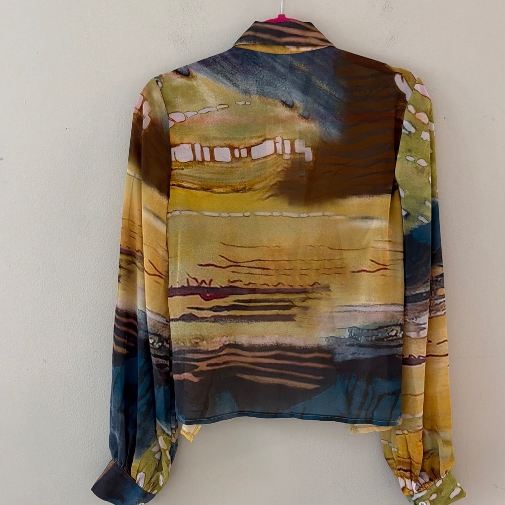 Musera Sheer Abstract Landscape Wired Open Front Long Sleeve Top Small - Picture 4 of 10